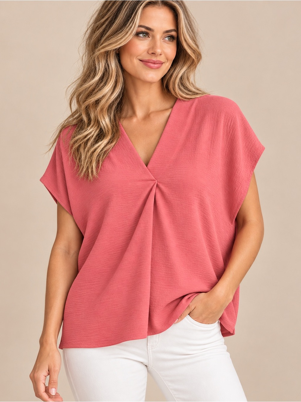 entro Coral V-Neck Pleat Short Sleeve Top